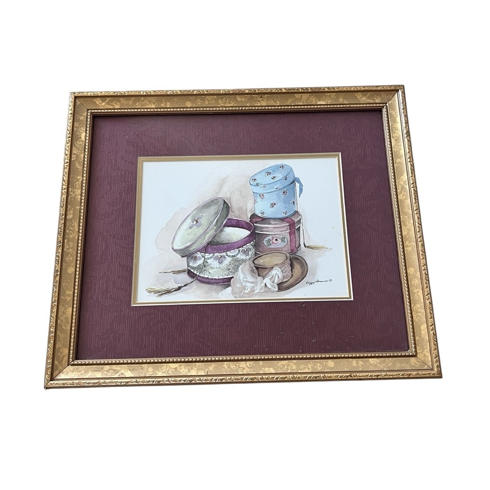 Vintage Peggy Abrams Hat‎ Box Watercolor Framed Print 12”x10” Gold Frame